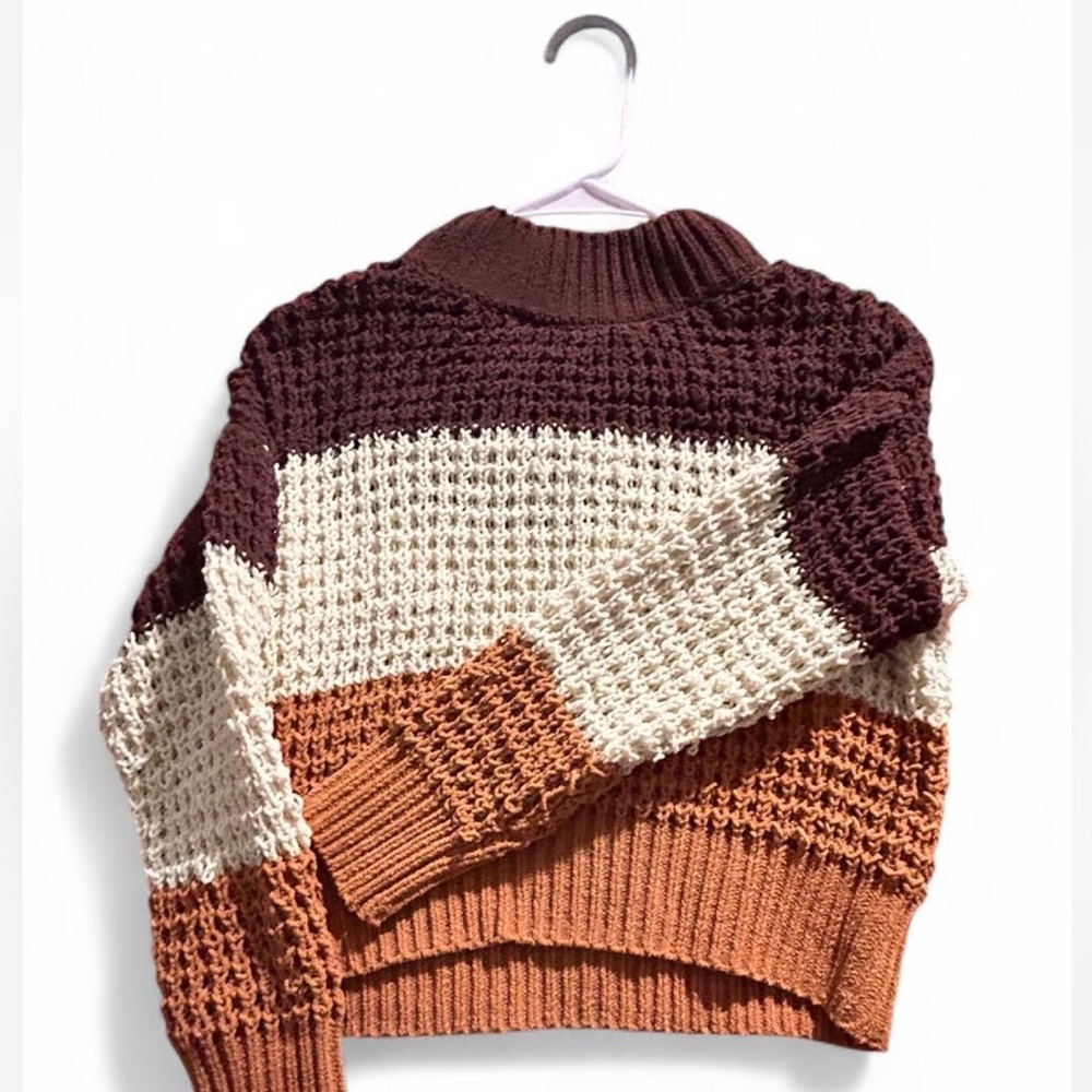 Chunky Knit Cowl Neck Sweater in Brown and Cream